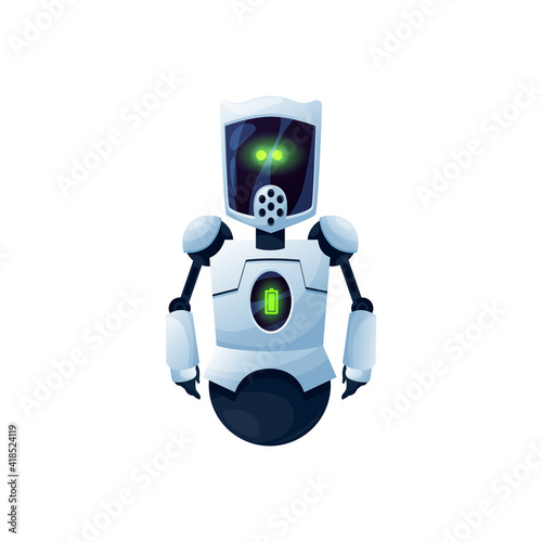 Friendly robot android without leg on wheel cyborg isolated cartoon icon. Vector ai bot, friendly sophisticated android robotic smart helper. Artificial droid, tiny robot, sci fi cartoon cyborg