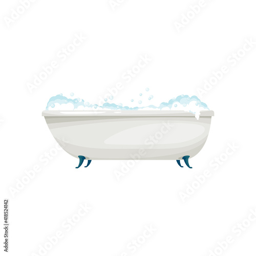 Bathtub with foam, bathroom equipment isolated cartoon icon. Vector toilet hygiene object, realistic soapy bathtub with froth and soap. Bath-tub for bathing, bath room equipment to wash and clean