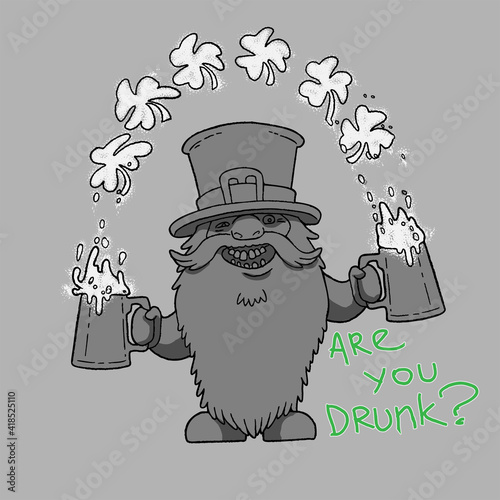 St. Patrick s Day Irish Leprechaunt character with hat, beard, mustache, clover and beer. Cartoon funny gnome in vector. Separation background. For cards, decor, shirt design, invitation to the pub. photo