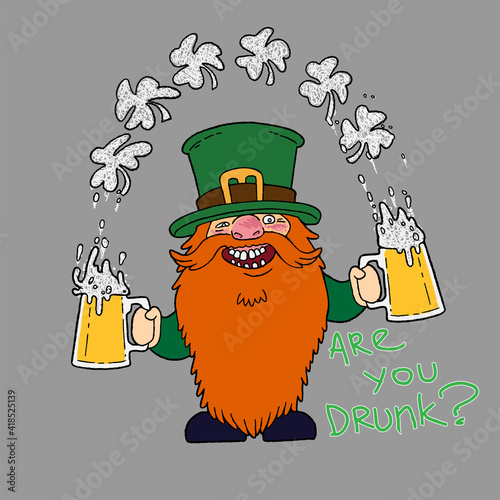 St. Patrick s Day Irish Leprechaunt character with hat, beard, mustache, clover and beer. Cartoon funny gnome in vector. Separation background. For cards, decor, shirt design, invitation to the pub. photo