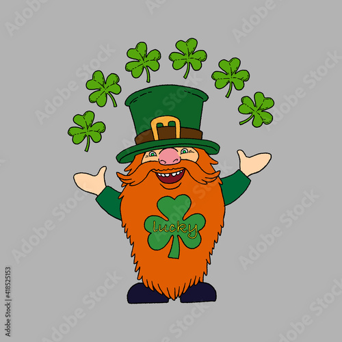 St. Patrick s Day Irish Leprechaunt character with hat, beard, mustache, clover and beer. Cartoon funny gnome in vector. Separation background. For cards, decor, shirt design, invitation to the pub. photo