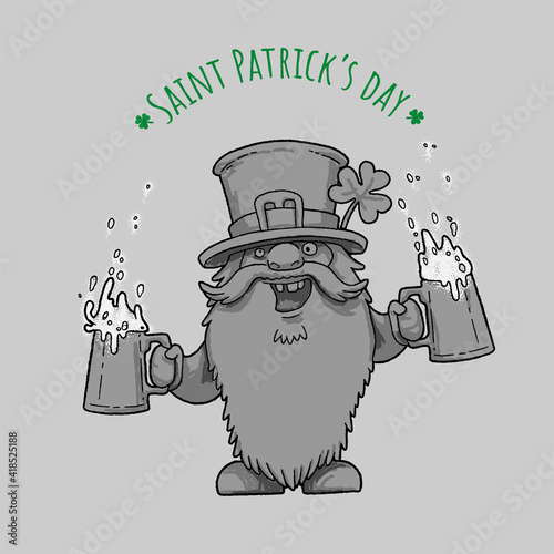 St. Patrick s Day Irish Leprechaunt character with hat, beard, mustache, clover and beer. Cartoon funny gnome in vector. Separation background. For cards, decor, shirt design, invitation to the pub.