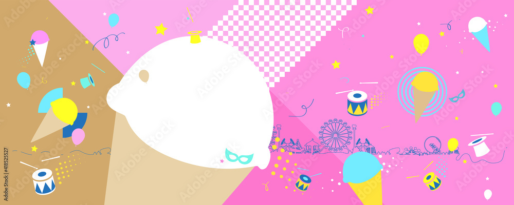Vector illustration of the carnival funfair design with amusement park attractions and ice cream cone background.