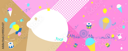 Vector illustration of the carnival funfair design with amusement park attractions and ice cream cone background.