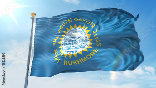 4k 3D Illustration of the waving flag on a pole of state of South Dakota in United States of America