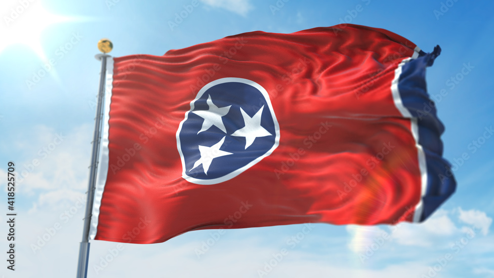 4k 3D Illustration of the waving flag on a pole of United States of America State Tennessee 4k 3D Illustration of the waving flag on a pole of United States of America State Tennessee