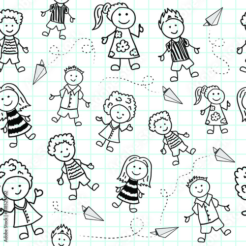 Vector seamless background of child drawn pictures images of boys and girls in the school notebook