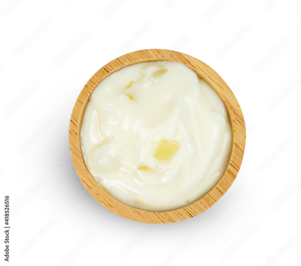 yoghurt with nata de coco dutche in wooden bowl isolated on white background ,include clipping path yoghurt with nata de coco dutche in wooden bowl isolated on white background ,include clipping path