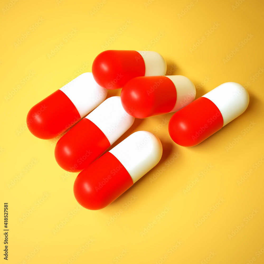 red-white pills on a yellow-orange background. 3d render illustration red-white pills on a yellow-orange background. 3d render illustration