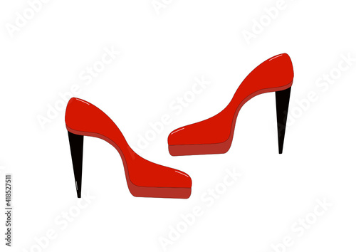 A pair of red high-heeled ladies' shoes. Vector graphics, design for an online store, an element for store decoration, packaging, sticker, icon, print for textiles. Isolated white background.
