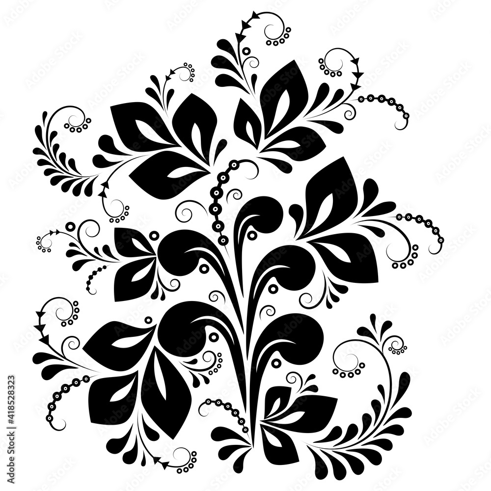 Black and white floral ornament. Decorative composition of leaves, berries, curls on a white background.