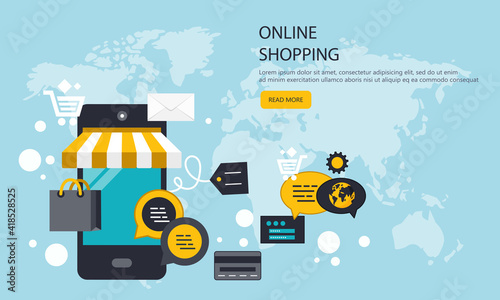 On line shopping and payment Methods. Mobile payments. Pay per click and online order. Flat vector illustration
