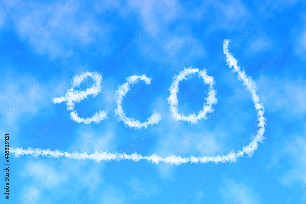 Text eco written in sky. Letters made of clouds or contrails. Ecology and environment concept.