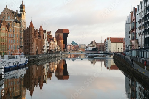 Beautiful view of Old Town around Motlava river in morning light in Gdansk, Poland