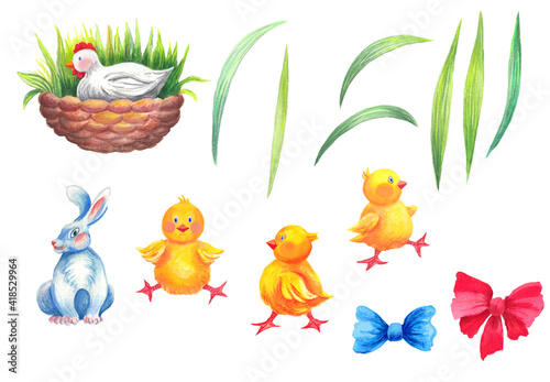 Watercolor colorful set with easter basket with hen , chicks, grass and rabbit. White background.