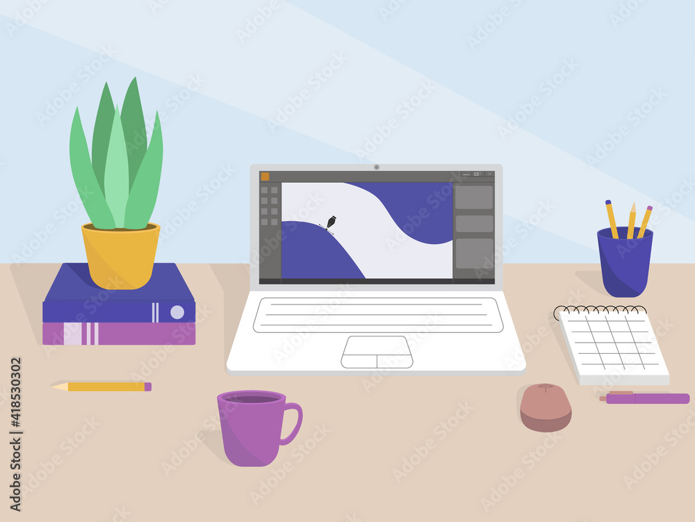 Flat illustration of a desktop in the office or a freelancer from home. Work interior design elements: table, laptop, notebook and books. Flat illustration of a desktop in the office or a freelancer from home. Work interior design elements: table, laptop, notebook and books.