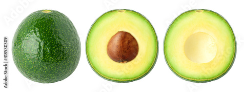 Isolated avocado. Whole and cut with segment avocado isolated on white background with clipping path