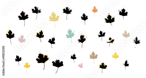 Grunge leaves set. Abstract foliage. Autumn leaves pastel colors collection. Black currant bush leaf. Currant berry branch. © ADELART