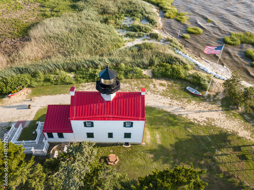 Fotografía Aerial Drone image of the East Point Lighthouse on the Maurice River entrance to