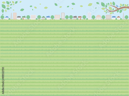 シンプルな初夏の街並みの背景イラスト 草地が広がる遠景のバージョン