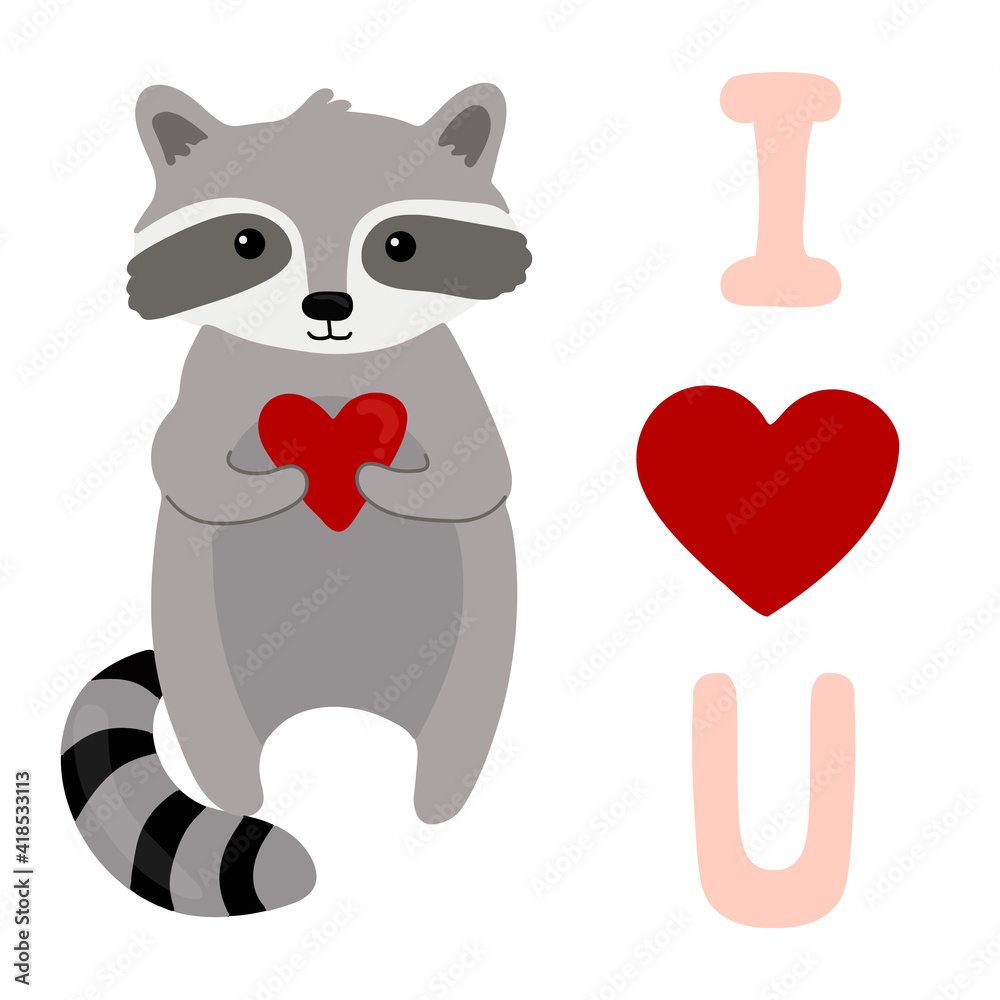 Cute cartoon raccoon holding heart. Be my Valentine greeting card. Vector illustration. Cute cartoon raccoon holding heart. Be my Valentine greeting card. Vector illustration.