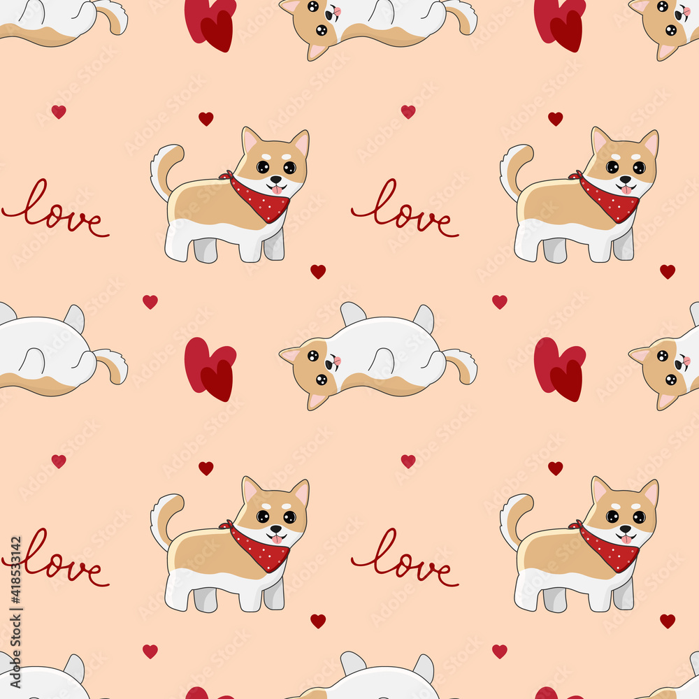 Fototapeta premium Seamless pattern with shiba inu and hearts. Background for wrapping paper, greeting cards and seasonal designs. Happy Valentine's day.