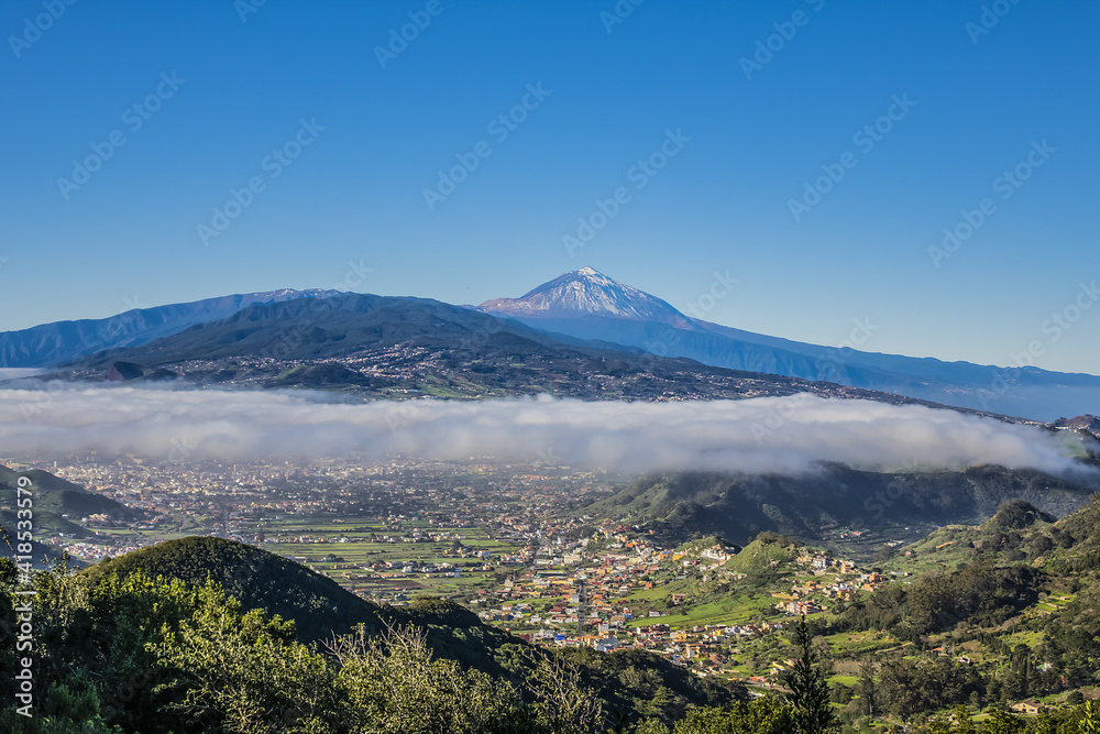 Beautiful view of the fertile valley of La Laguna and Mount Teide. Anaga Rural Park in Northern Tenerife, Canary Islands, Spain.