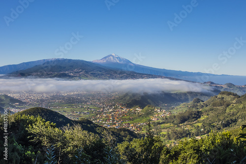 Beautiful view of the fertile valley of La Laguna and Mount Teide. Anaga Rural Park in Northern Tenerife  Canary Islands  Spain.