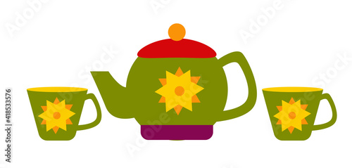 cups with teapot, isolated on a white background. Russian Maslenitsa. Vector illustration in a flat style. For design and decoration.