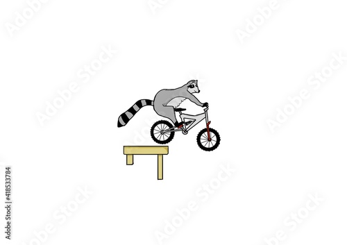 Racoon on a mountainbike. Mountainbike stunt. Cartoon. 