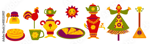 collection of bright icons for the traditional Russian spring holiday-Maslenitsa. Shrovetide Week illustration set in flat style isolated on white background.