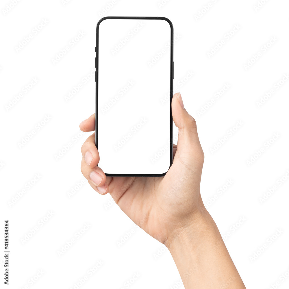 Man hand holding the black smartphone with blank screen isolated on white background with clipping path, Can use mock-up for your application or website design project. Man hand holding the black smartphone with blank screen isolated on white background with clipping path, Can use mock-up for your application or website design project.