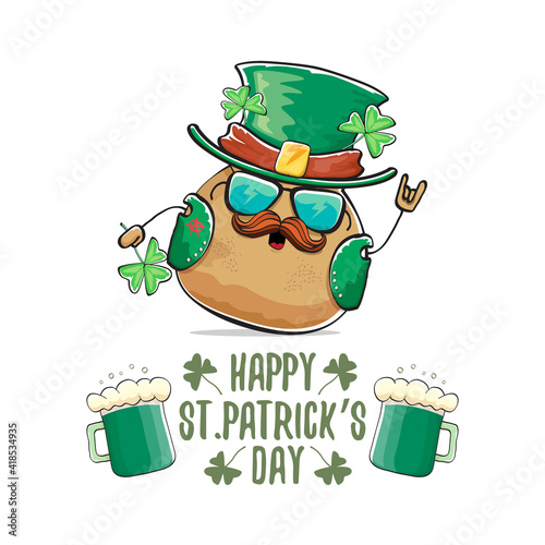 Happy Saint Patricks day greeting card with funky leprechaun rock star potato character with green particks hat and beer isolated on white background. Rock n roll hipster vegetable funky character