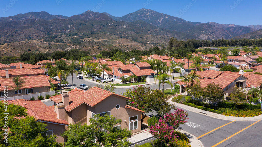 Aerial view of an affluent neighborhood in Rancho Santa Margarita, California, USA.