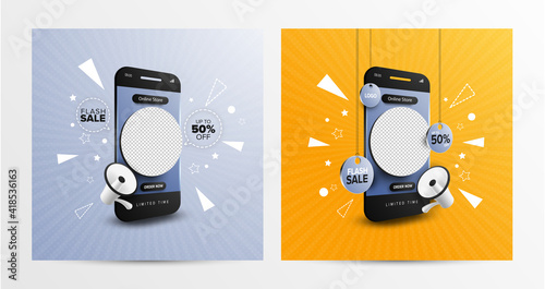Online shopping promotion on mobile app concept for social media post template