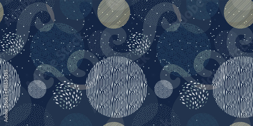 Seamless elegant pattern with golden textured circles, clouds on a dark blue background. Geometric print in Asian style (Chinese, Korean... decorative elements). Magical mysterious design. Vector.