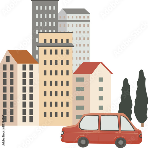  Vector illustration of classic style city street, set of buildings, isolated on white