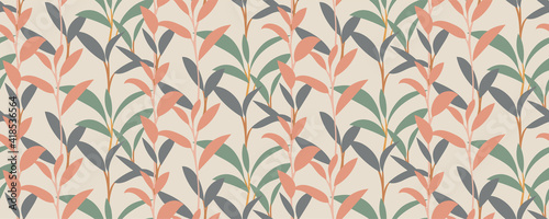Tropical leaves seamless pattern in a minimalist modern style. Creative botanical print. Modern design for wallpaper, fabrics, clothing. Hand-drawn vector illustration in a trendy color palette.