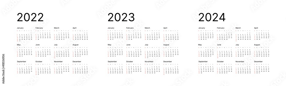 Monthly calendar template for 2022, 2023 and 2024 years. Week Start on Sunday. Wall calendar in a minimalist style.