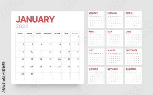 Wall or desk calendar template for 2022 with week start on Sunday. Square shape.