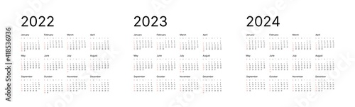 Monthly calendar template for 2022, 2023 and 2024 years. Week Start on Sunday. Wall calendar in a minimalist style.