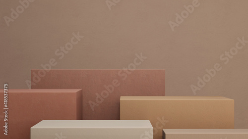 Minimal abstract podium mock up design for product presentation background or branding concept with beige, earth tones colorful cube boxes and brown wall color, 3D render, 3D illustration, Rendering.