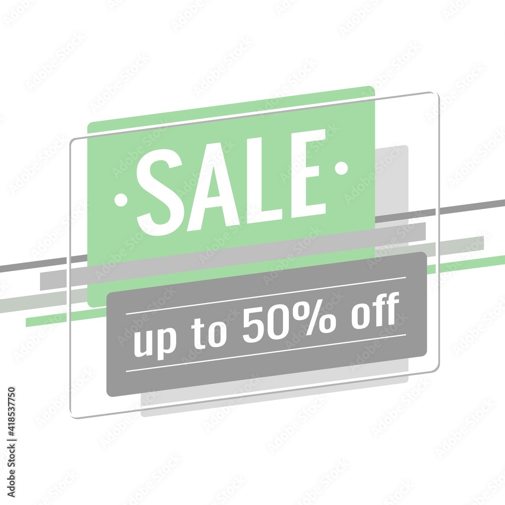 Discount banner template. Text Sale, up to 50% off. Light green, gray rectangles and stripes on a white background. Special offer, promotion, advertising design. Flat style. Vector illustration.