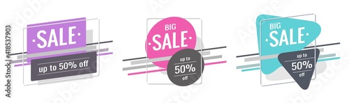 Discount  banner set. Text Big Sale, up to 50% off. Bright purple, pink, blue colors. Rectangles, triangles, circles, stripes on a white background. Special offer, promotion, advertising design.  photo
