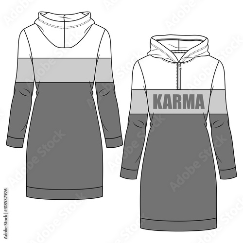 Girls Women Fleece Hooded Dress fashion flat sketch template. Technical Fashion Illustration. Long Karma Sweatshirt with Zipper opening