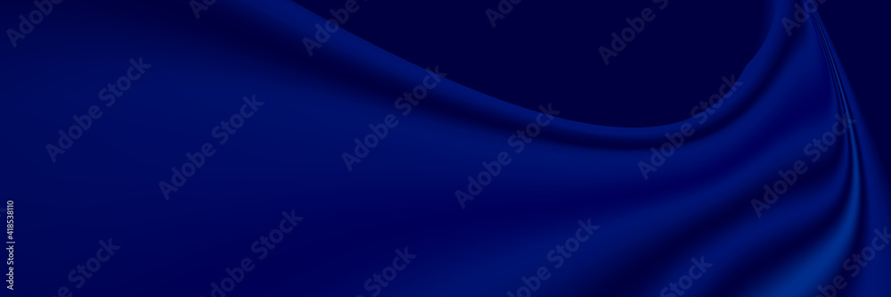 Blue silk luxury background. Deep blue satin fabric texture with curtain drapery and golden glowing border line. Luxurious abstract backdrop for banner or poster. Vector illustration Blue silk luxury background. Deep blue satin fabric texture with curtain drapery and golden glowing border line. Luxurious abstract backdrop for banner or poster. Vector illustration