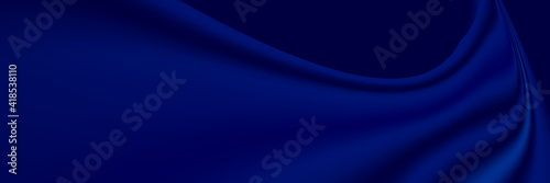 Blue silk luxury background. Deep blue satin fabric texture with curtain drapery and golden glowing border line. Luxurious abstract backdrop for banner or poster. Vector illustration 