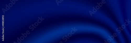 Blue silk luxury background. Deep blue satin fabric texture with curtain drapery and golden glowing border line. Luxurious abstract backdrop for banner or poster. Vector illustration 