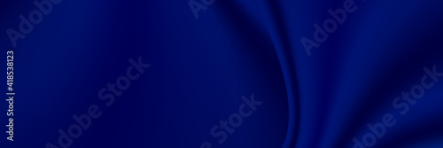 Blue silk luxury background. Deep blue satin fabric texture with curtain drapery and golden glowing border line. Luxurious abstract backdrop for banner or poster. Vector illustration 