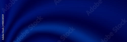Blue silk luxury background. Deep blue satin fabric texture with curtain drapery and golden glowing border line. Luxurious abstract backdrop for banner or poster. Vector illustration 